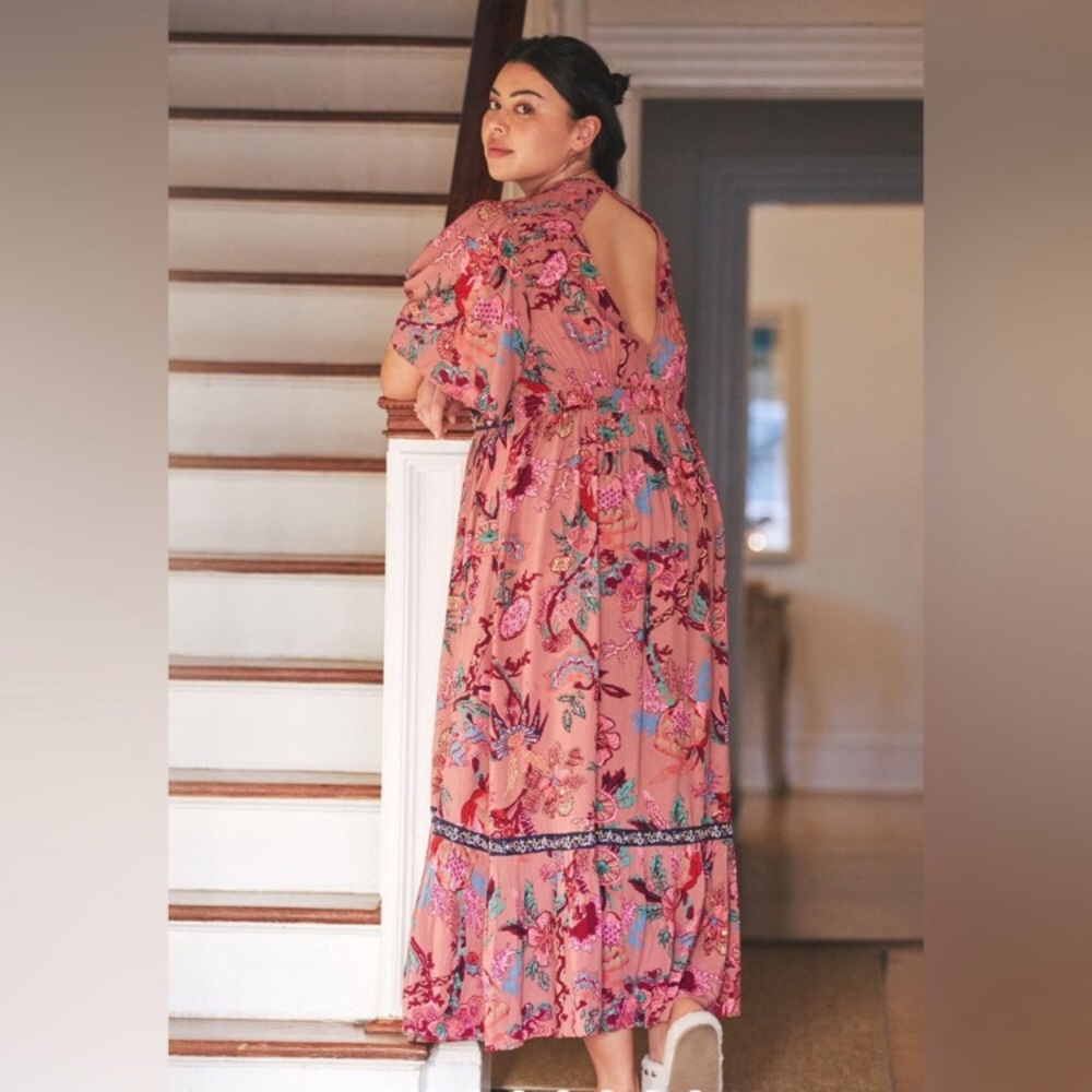 Anthropologie Ruffled Embroidered Maxi Dress Women Casual Printed Boho Cut Out M - Picture 2 of 15